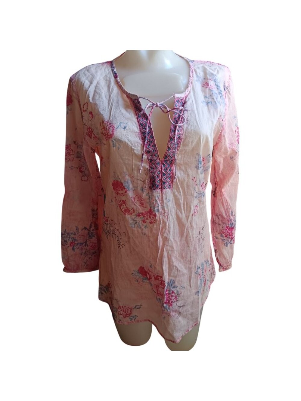 Small Vintage Goa Floral Tunic Blouse Top Pink Long Sleeve Embroidered Hippy
